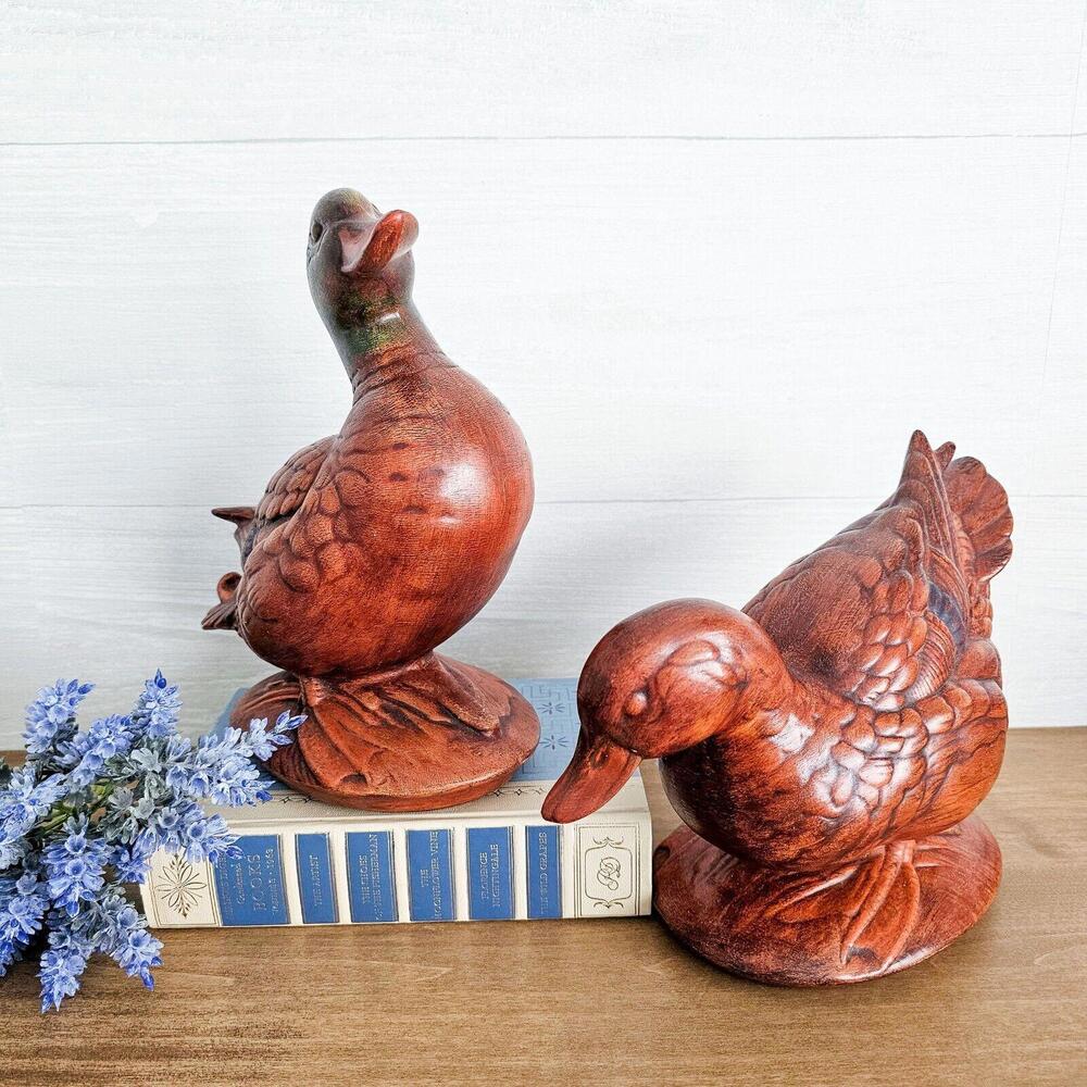 Vintage Brown and Green Ceramic Duck Figurine Set of 2 Signed Janice 1973